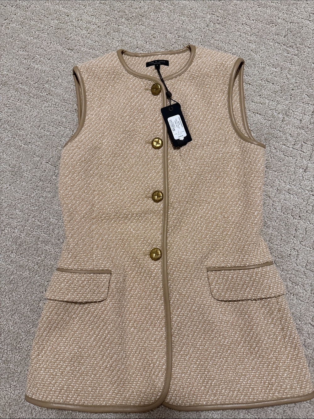 rag & bone Beige Tweed Sleeveless long vest with Gold Buttons